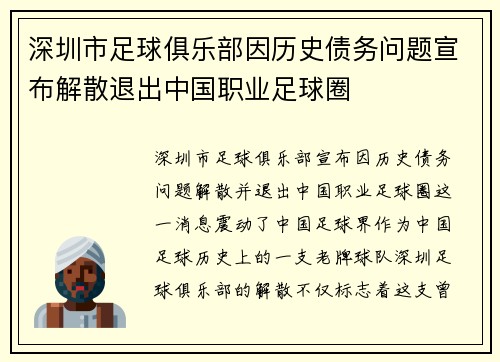 深圳市足球俱乐部因历史债务问题宣布解散退出中国职业足球圈 深圳市足球俱乐部因历史债务问题宣布解散退出中国职业足球圈