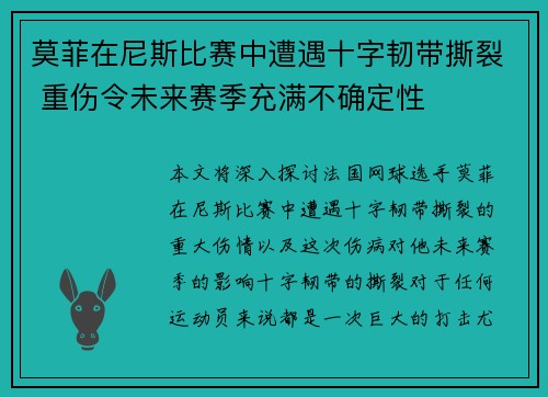莫菲在尼斯比赛中遭遇十字韧带撕裂 重伤令未来赛季充满不确定性 莫菲在尼斯比赛中遭遇十字韧带撕裂 重伤令未来赛季充满不确定性