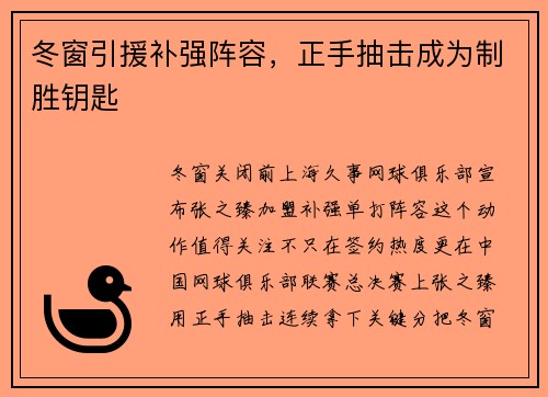 冬窗引援补强阵容,正手抽击成为制胜钥匙 冬窗引援补强阵容,正手抽击成为制胜钥匙